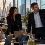Equipe corporativa analisa inteligência artificial e finanças B2B em hub de inovação