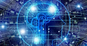 Profissionais analisando dados de inteligência artificial finanças em escritório corporativo moderno