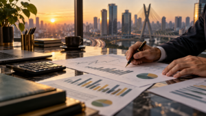Gráficos financeiros complexos representando o impacto do risco fiscal na economia brasileira